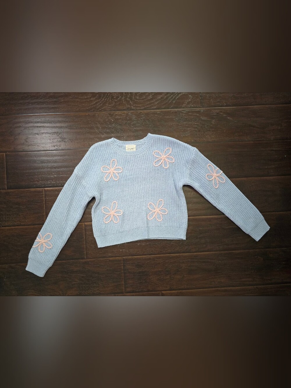 No Comment Girls Blue with Pink Flowers Knit Pullover Sweater XL